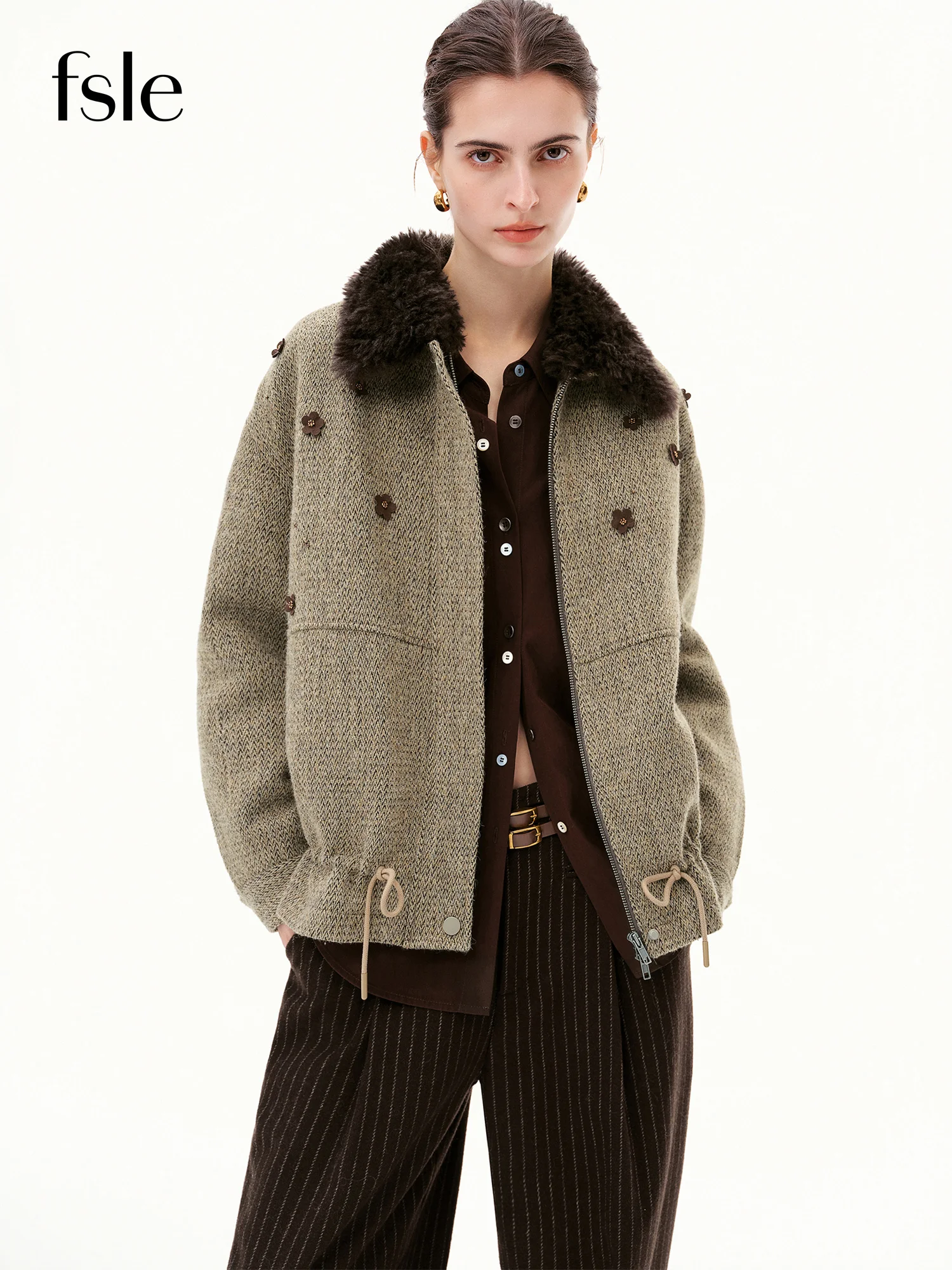 FSLE Women's Khaki Herringbone Wool Coat Loose Drop Shoulder Wide Lapel Short Jacket Warm Casual Outerwear Winter 2026 Coat