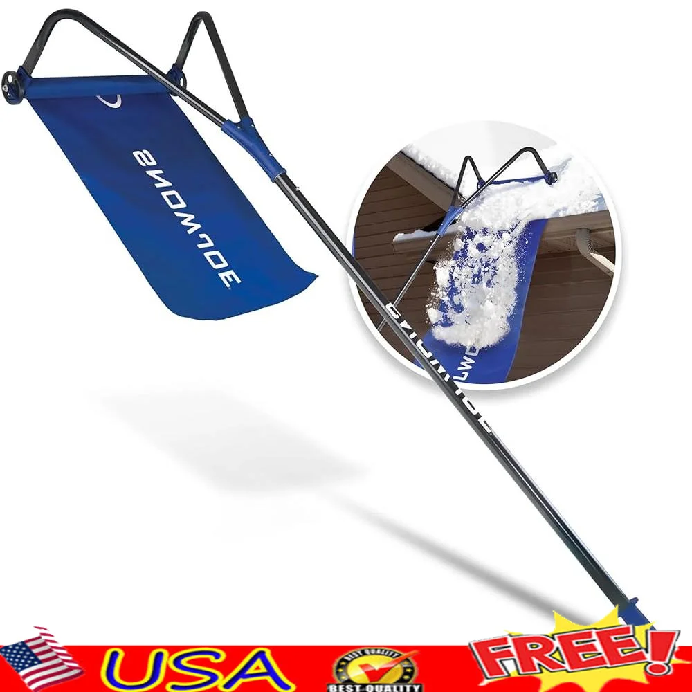 

Roof Rake Snow Removal Tool 28ft Reach Adjustable Telescoping Extension Poles 20ft Debris Slide Easy-Roll Wheels Efficient