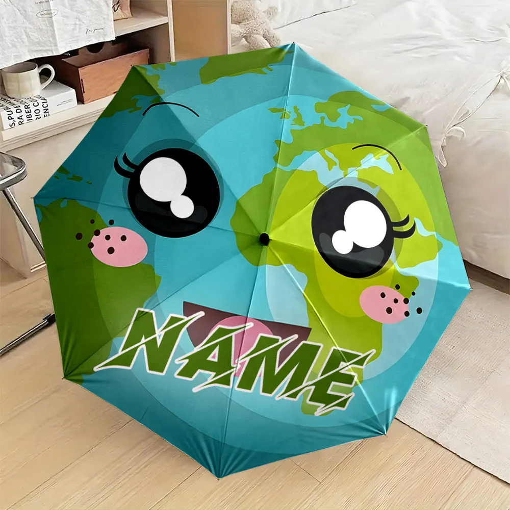 Custom Name Umbrella,Cute Earth Cartoon with Big Eyes and 
