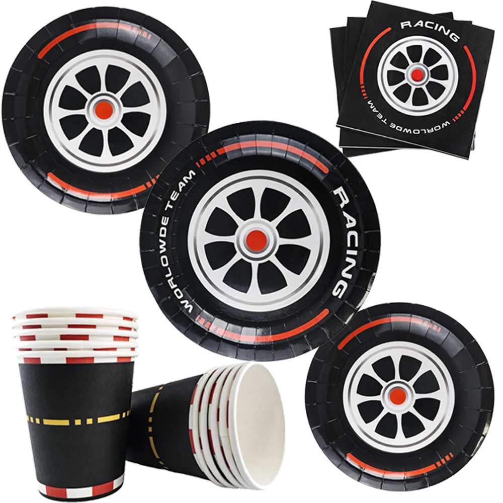 Race Car Theme Party Disposable Tableware Set Tire Dinnerware Supplies for Kids Boys Birthday Party Baby Shower Decoration