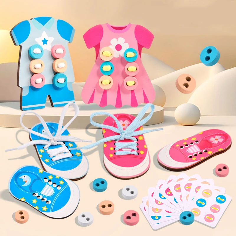 1Set Children's Fun Montessori Learn Basic Life Skills Teaching Aid Clothes Threading Button Sewing Board Game Educational Toys