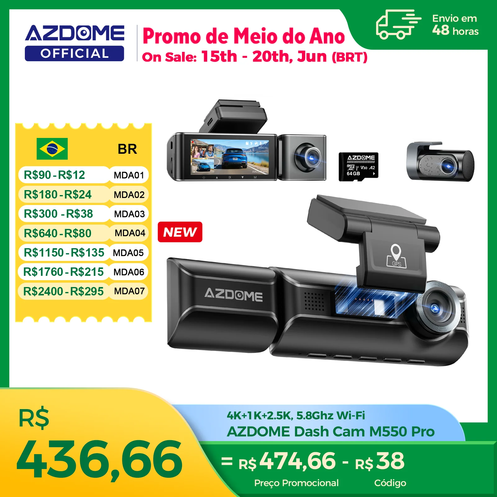 Nova Câmera Veicular AZDOME 4K M550 Pro com Gravação Frontal, Traseira e Interna 3 em 1, Monitoramento de Estacionamento 24H, Supercapacitor, Wi-Fi 5G, GPS e ADAS - DVR Automotivo