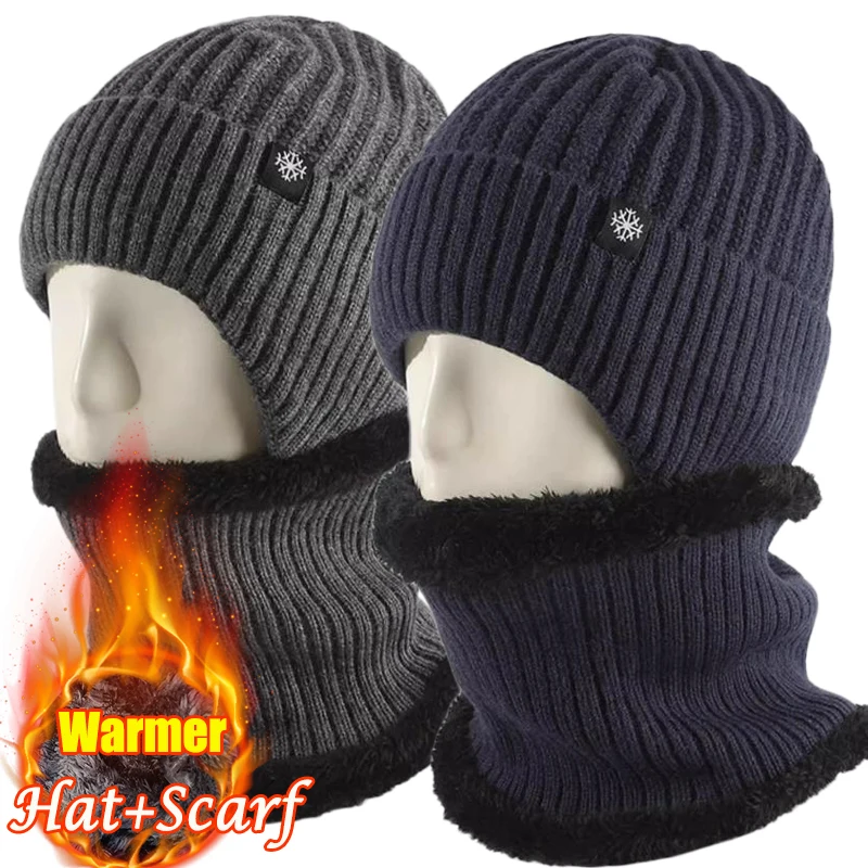 

Men Velvet Lining Skullies Beanies Hat Scarf Thick Warm Winter Dad Velvet Earmuffs Cap Female Crochet Bonnet Plush Knitted Caps