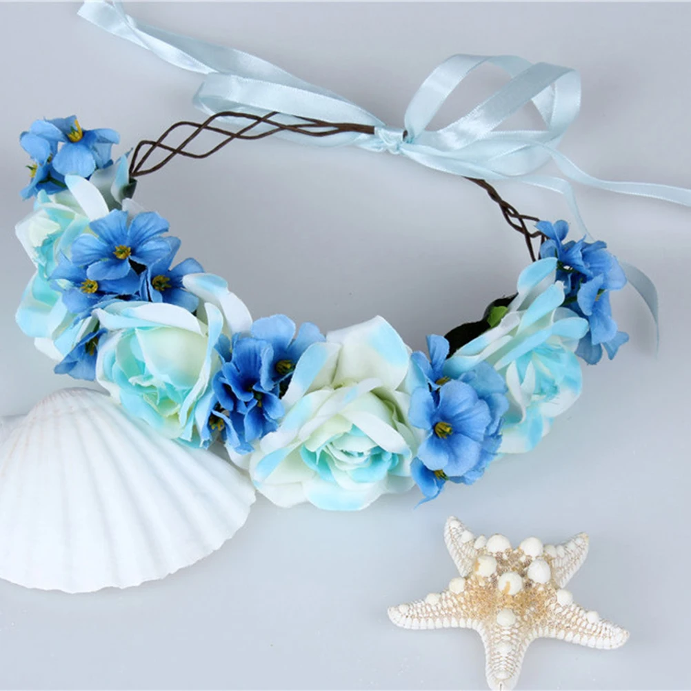 

Blue Flower Wreath Headband Hair Bands Elegant Design Adjustable Ribbon Wedding Birthday Cosplay Party Favors Fits Women