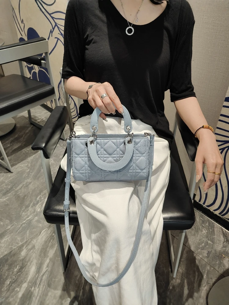 

New Faion Diamond Pattern Leather Handbag Women's Single oulder Slant Cross Small Square Bag Simple And Sli Genuine L...