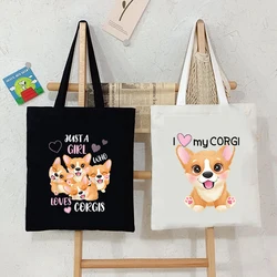 Just A Girl Who Loves Corgis Print Canvas Tote Bag Women Shopping Bag Teen Foldable Large Capacity Corgis Lover Shoulder Handbag