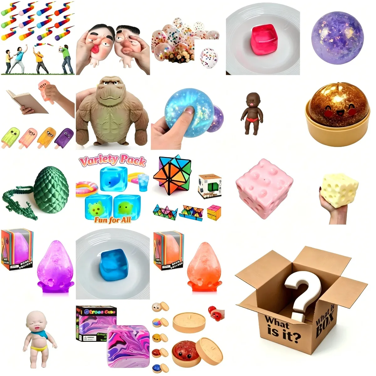 

Surprise Blind Box Random Style Squishy Squeeze Toy, soft and elastic touch. Fun anti-stress fidget plaything lightweight to carry around, ideal choice for children’s leisure time, birthday gifts, holiday presents and practical party favor supplies.