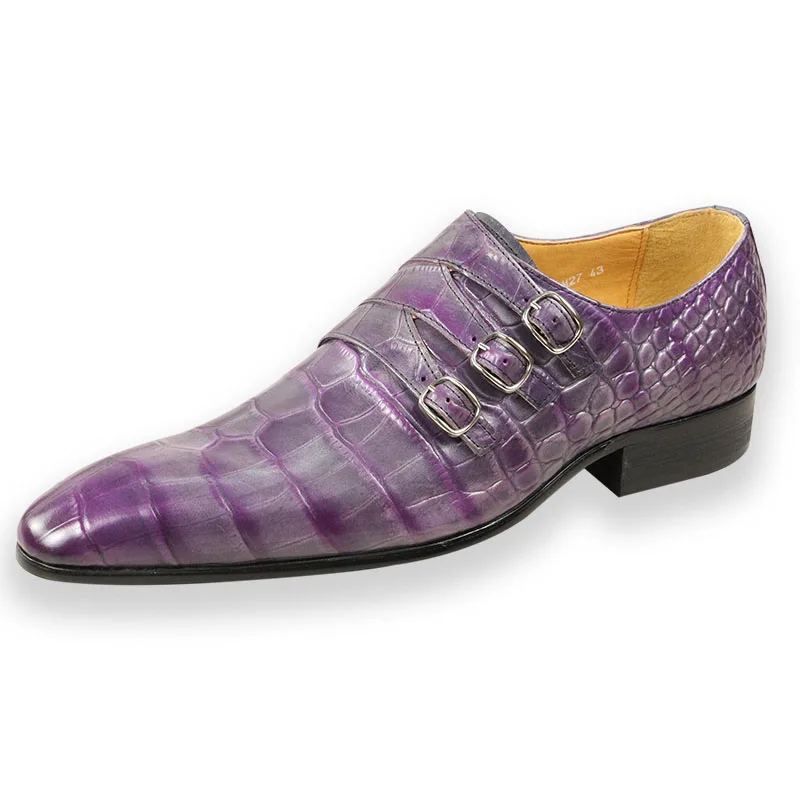 Sapatos de couro com padrão crocodilo masculino, fundo elegante, mocassins de couro puro, nova moda, roxo