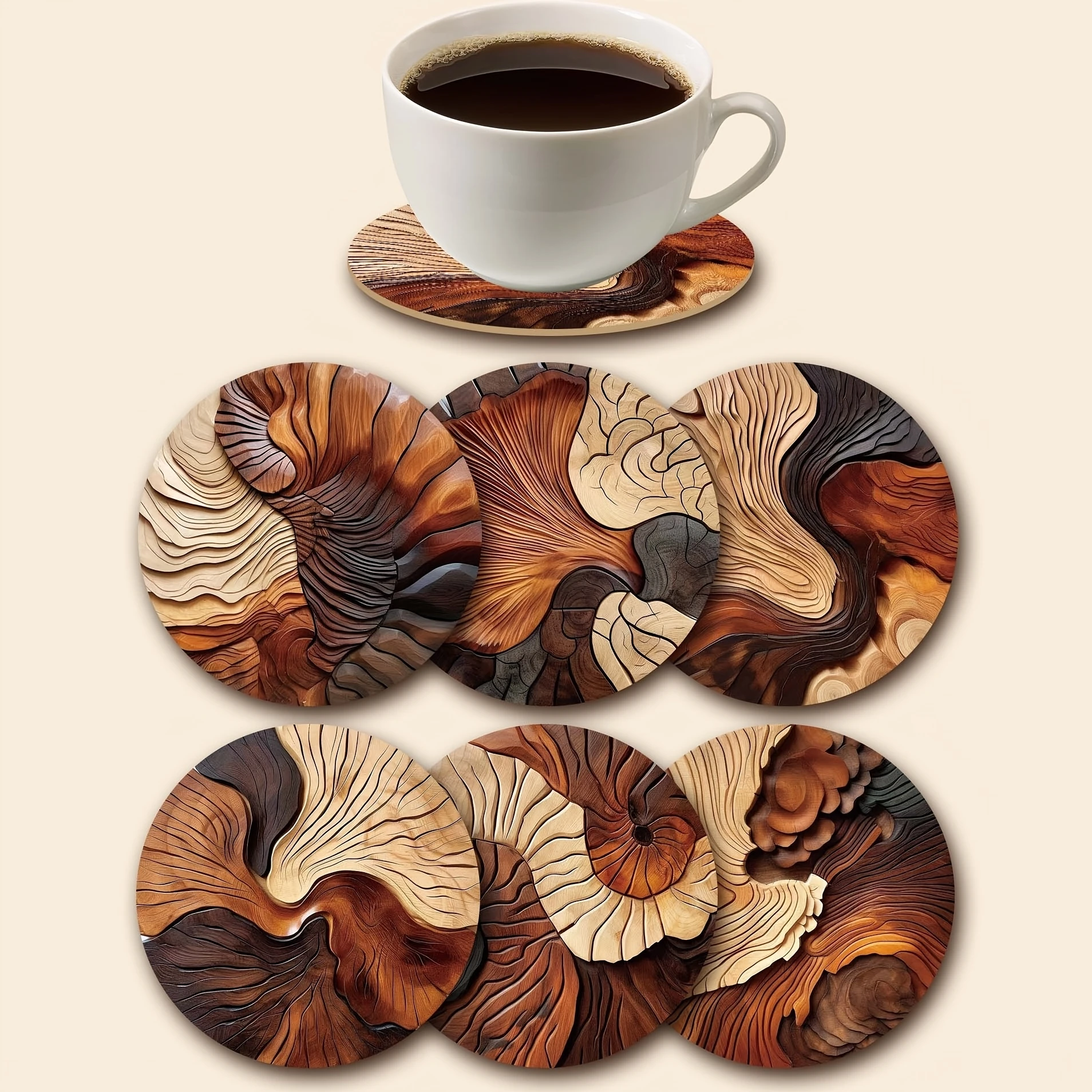 Juego de 6 Posavasos de Madera Elegantes con Diseño de Vetas de Madera y Patrones en Espiral - Perfectos para Café, Té, Decoración del Hogar y Bar