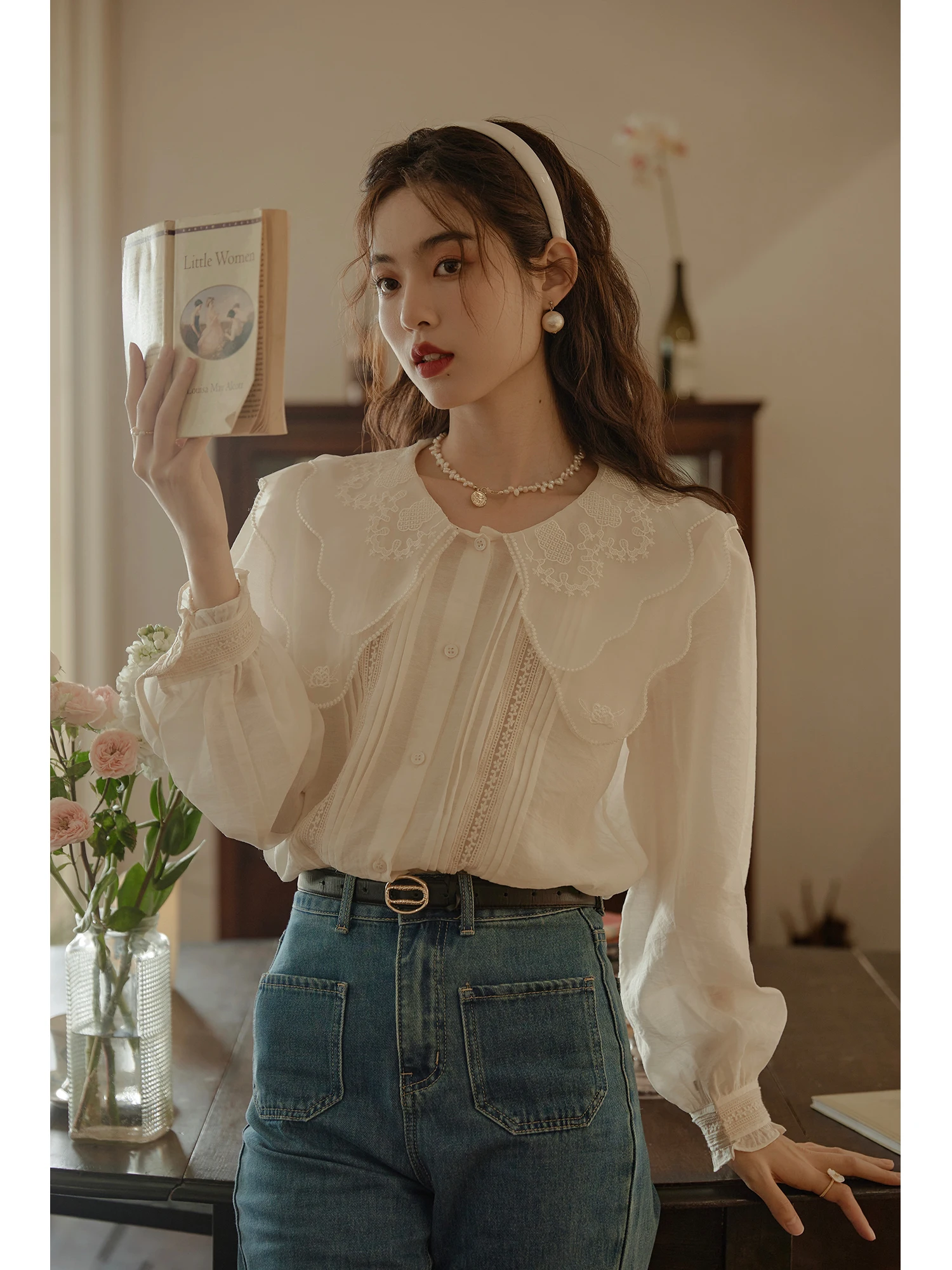 

Ele Double Layer Embroidered Doll Collar irt for Women Vintage Sle Pure Color Commute Faion Button up Long Sve