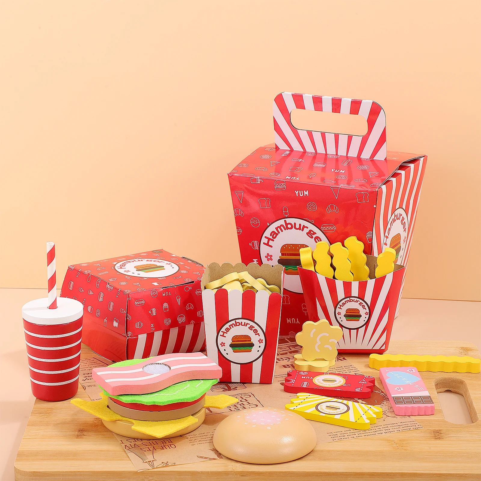 

1 set 1 Kids Cooking Set Wooden Simulation Fast Food For Playing House Role Play Montessori Educational Puzzle Set