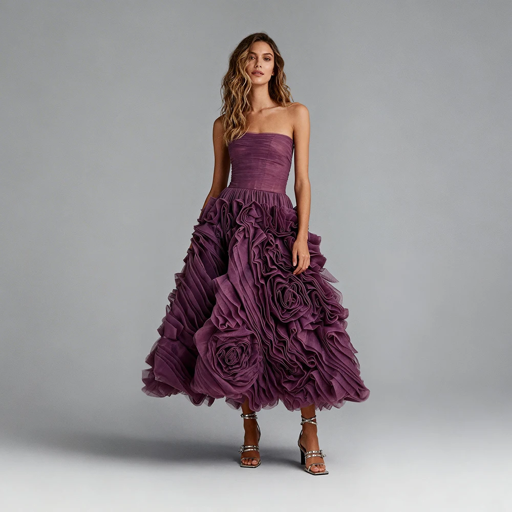 

Prom Dress Tulle A-Line Evening Gown with 3D Oversized Ruffled Floral Appliques Evening Dresses for Luxury Wedding ES6327D