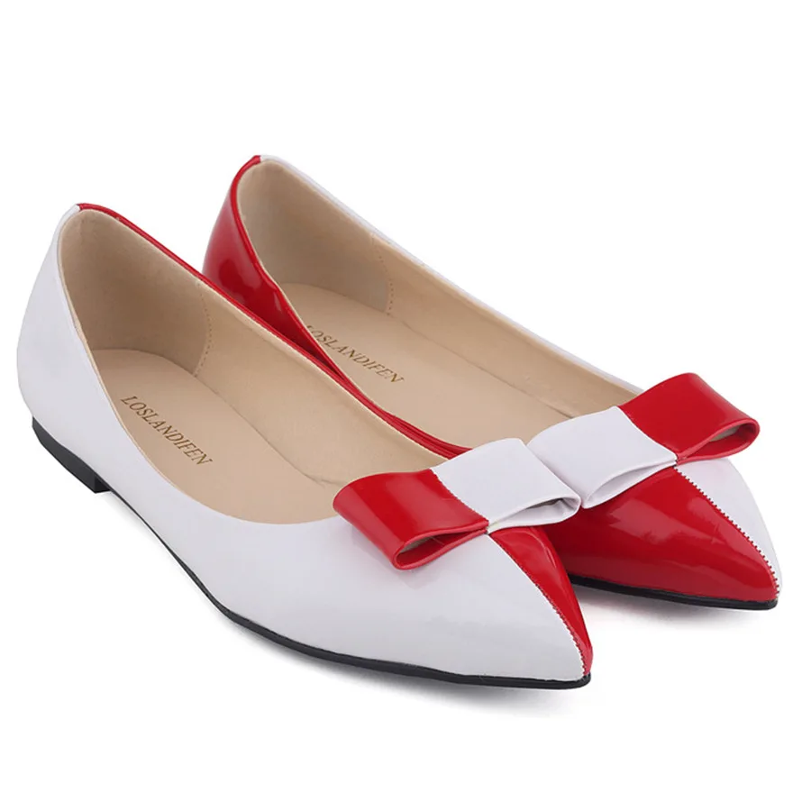 

Casual Shoes Women Spell Colors Patent Leather Autumn Single Shoes Pointy Toe Sweet Bowknot Work Comfort Slip on Flat Shoe Woman