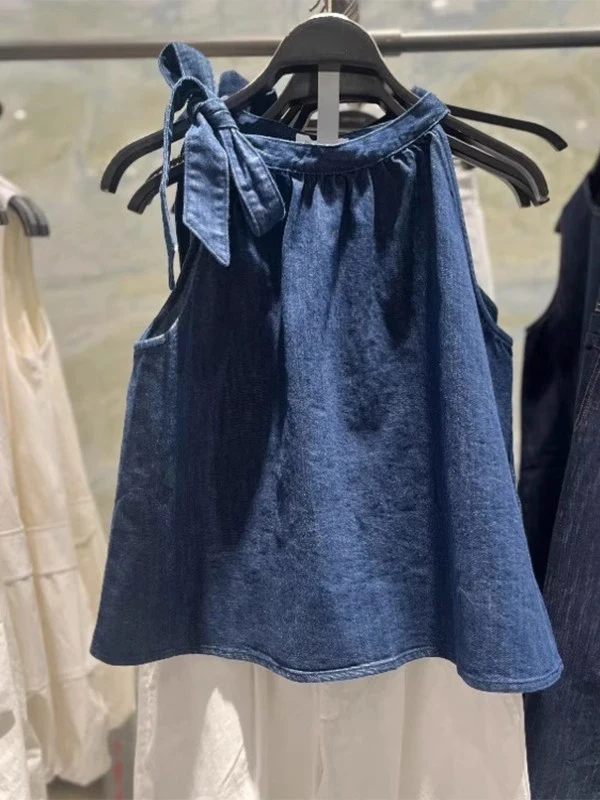 

Blue Striped Knot Sleeveless Denim Vest Women's Summer 2025 New Unique Beautiful Slimming Top Commute Style Pure Color