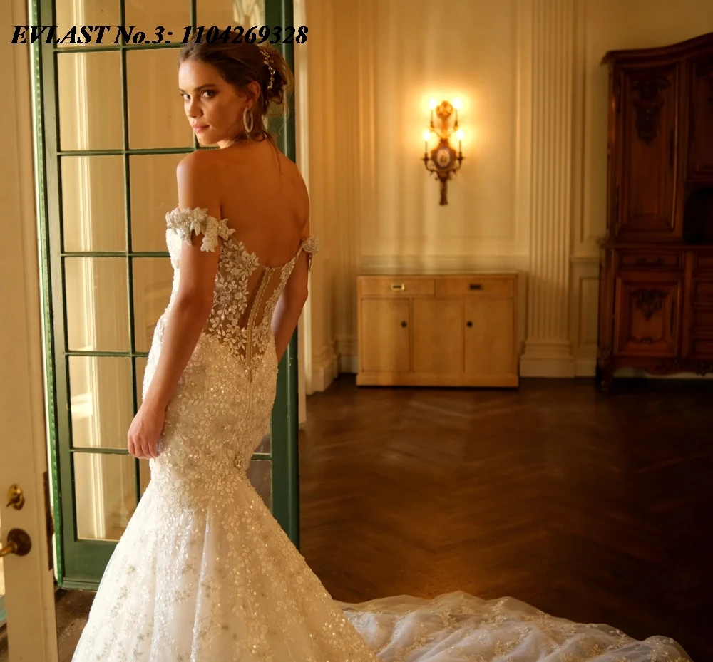 EVLAST Customized Vintage Mermaid Wedding Dress Off Shoulder Lace Applique Beading Bridal Gown Robe De Mariee Vestidos E3W60