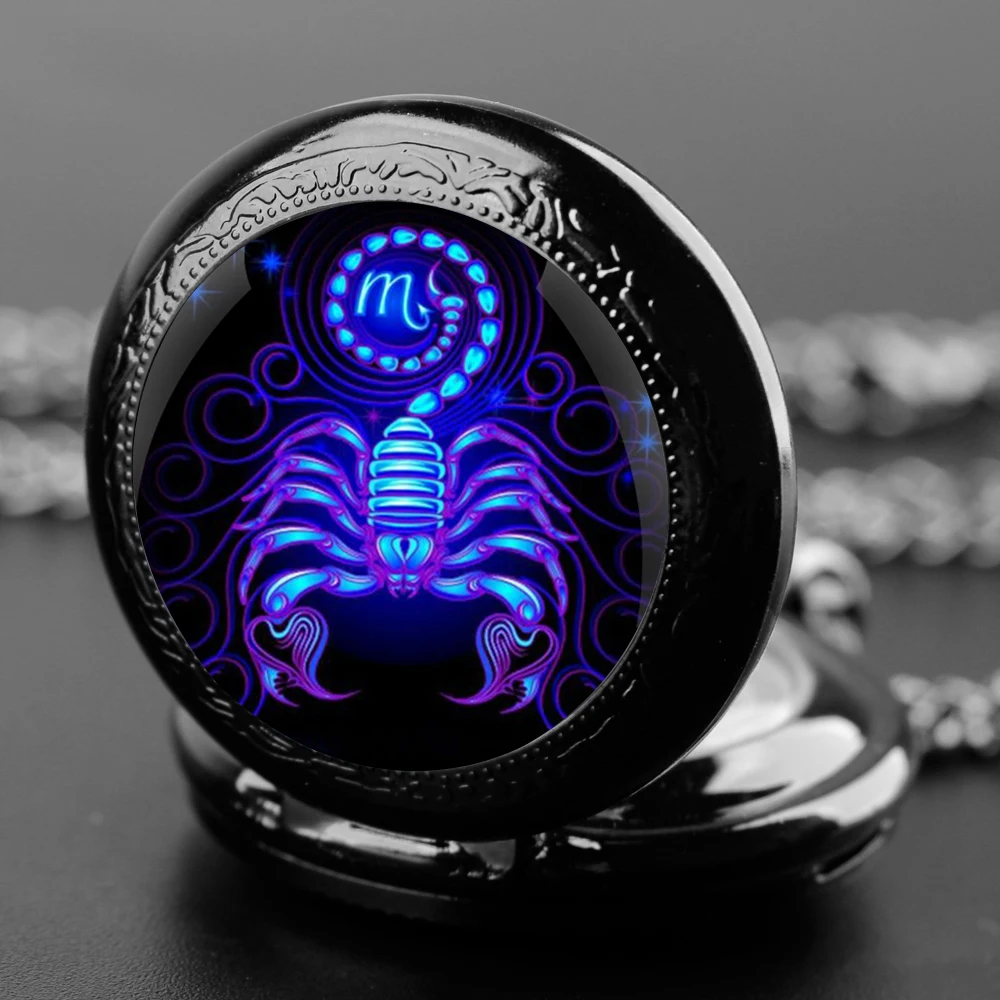 Scorpio star sign Design Glass Dome Vintage Quartz Pocket Watch Men Women Pendant Necklace Chain Charm Clock Watch Jewelry Gifts