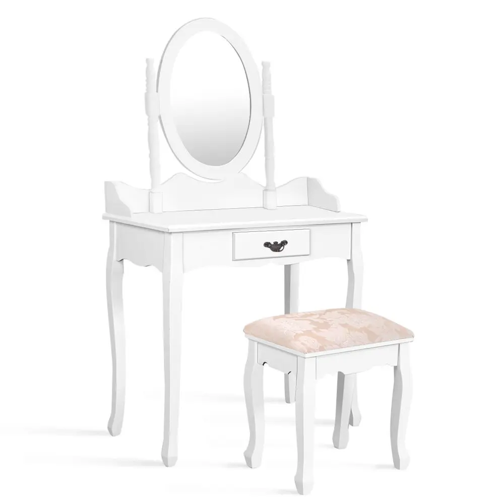 Babyjoy Vanity Wood Makeup Dressing Table Stool Set w/ Drawer &Mirror Jewelry Desk White