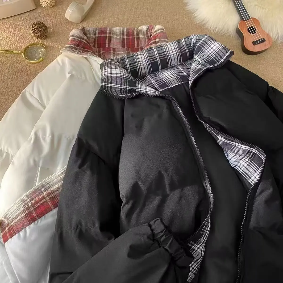 

Cotton plaid patchwork cotton jacket for men and women, autumn and winter stand up collar couple jacket, retro baseball jacket