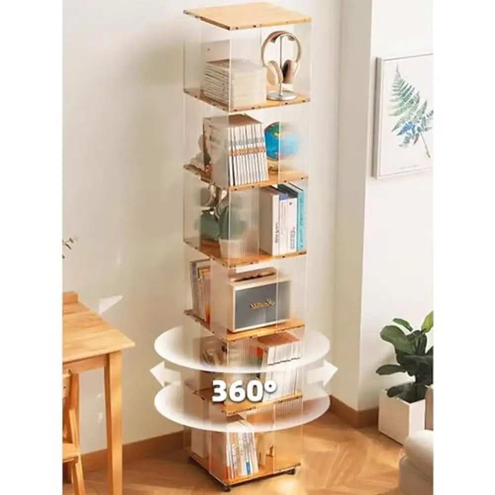 5 Tier Rotating Clear Acrylic Bookshelf Organizer with 360 Display Wheels Living Room Bedroom Office Storage Display Shelf