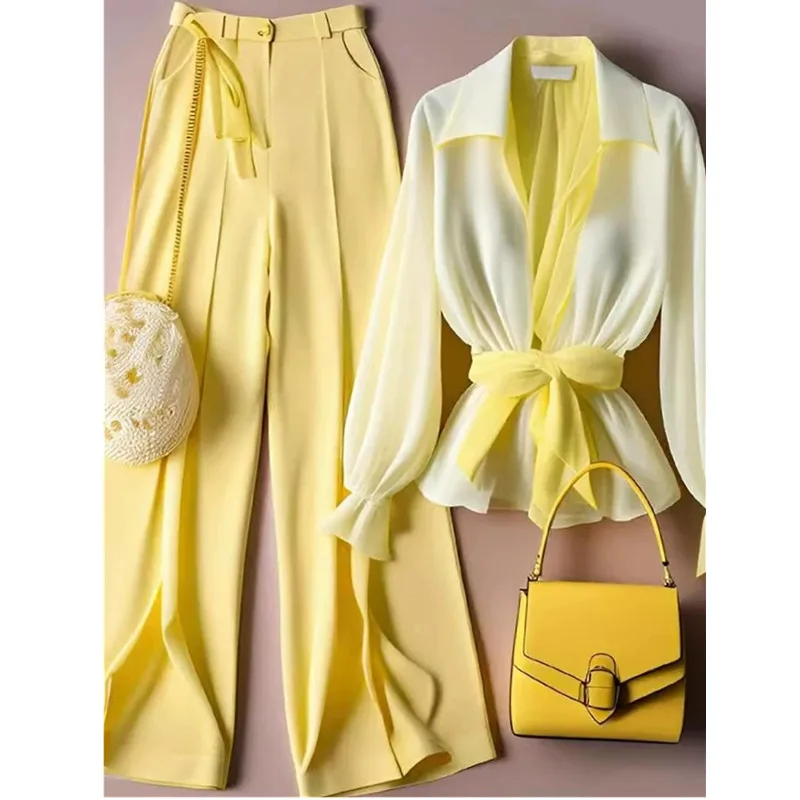 Yellow Tailored Trousers Loose Pants Suit Womens Two Peice Sets Vintage Perspective Shirt Autumn Blouse Sleeve Korean Top