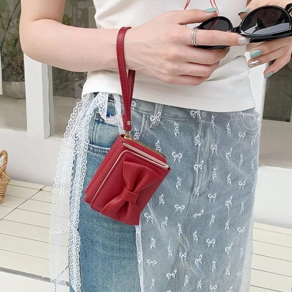 Cute Women Pu Leather Bow Short Wallet Korean Style Multifunctional Triple Fold Wallet Coin Purse Card Bag Clutch Bag Girls