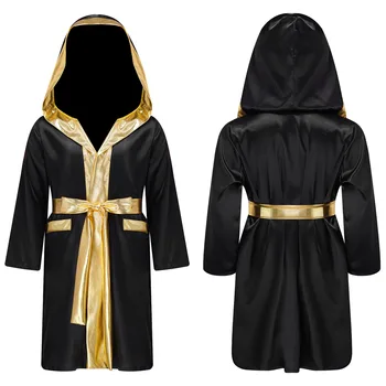 Robe de boxe pour enfants garçons, Costume de Cosplay, manches longues, garniture métallique, cape à capuche en Satin, Robe de Kickboxing pour fête d'halloween