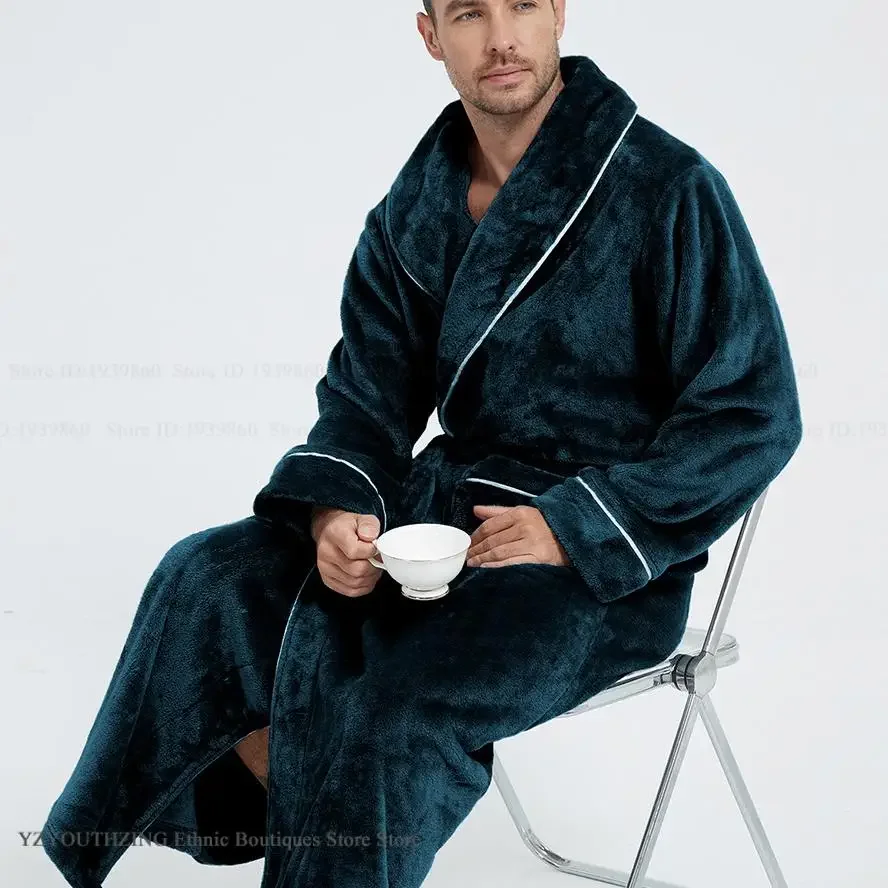 

Winter New Men's Flannel Long Robe Negligee Thicken Warm Bathrob Kimono Gown Plush Comfortable Coral Fleece Home Wear Sleepwear