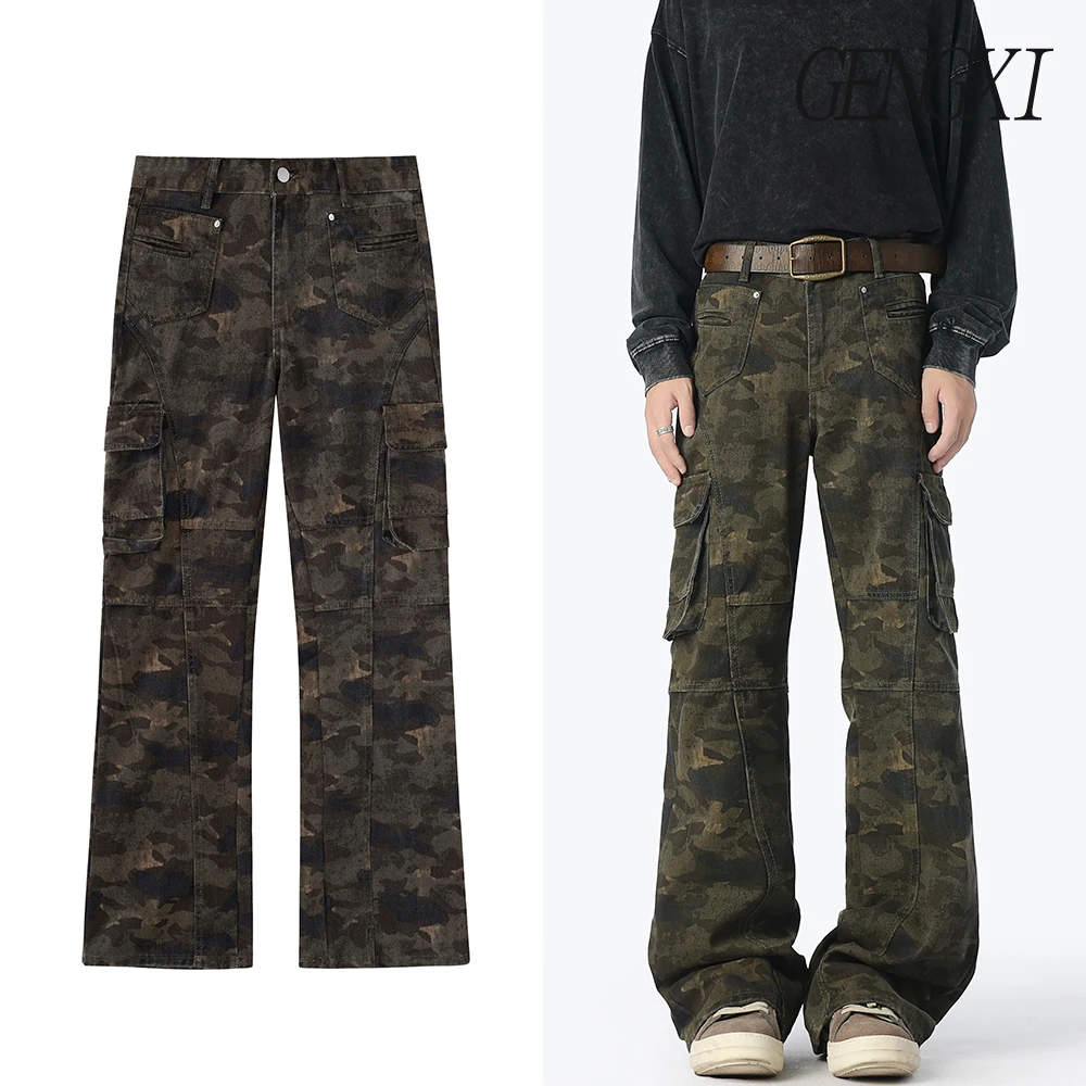 

Камуфляжные рабочие брюки в американском стиле, джинсы, джинсы с несколькими карманами, слегка расклешенные джинсы с изогнутыми лезвиями, мужские длинные брюки