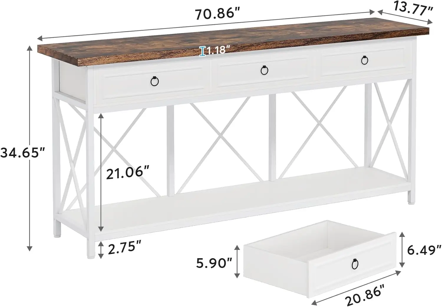 70.8" Console Table with 3 Drawers Farmhouse Entryway Table with Storage Shelf Narrow Long Sofa Foyer Table White/Brown