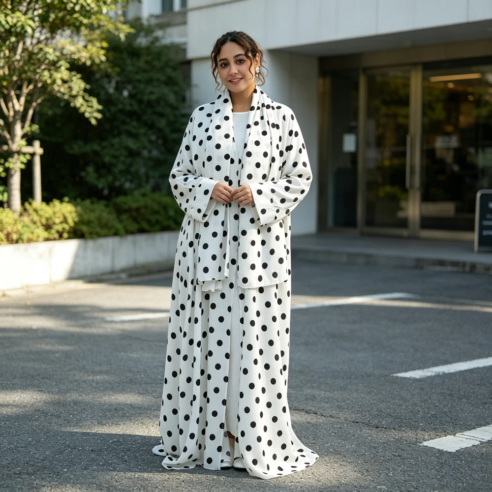 

Fashion Dubai Polka Dot Abaya Kaftan Hijab Dress Set for Muslim Women Marocain Jalabiya Kebaya Modest Islamic Clothing Ramadan