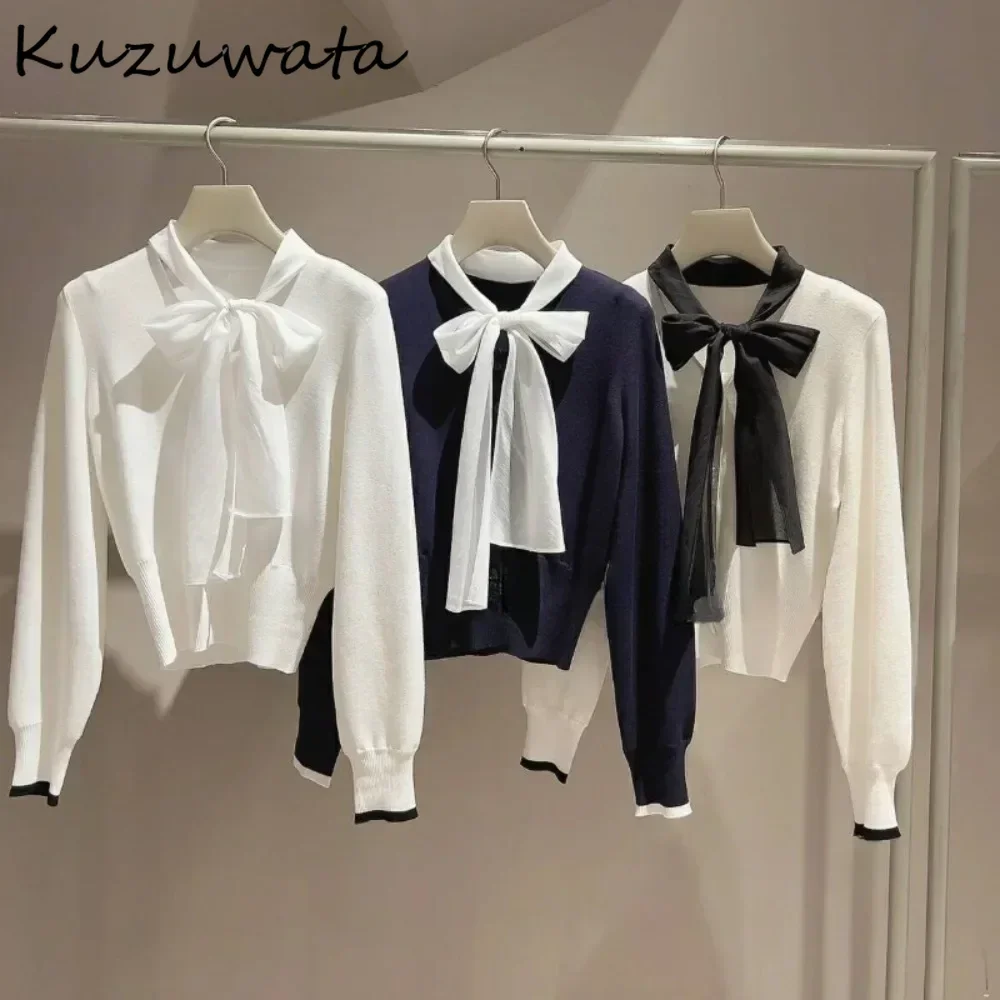 Kuzuwata French Style V Neck All-match Bow Cardigan Panelled Lace Up Minority Slim Sweaters Japanese Casual Office Lady Jumper