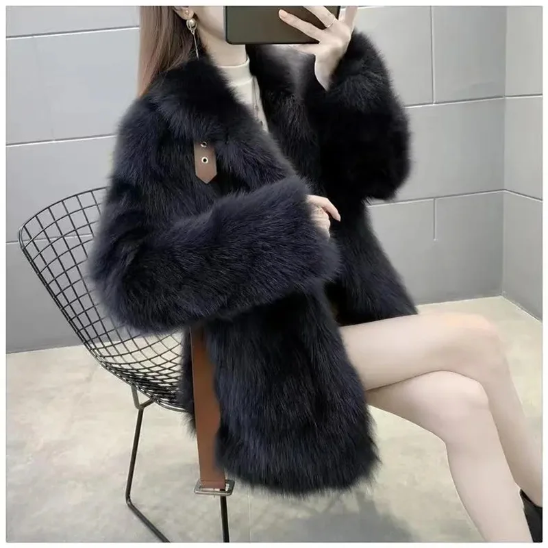 

2025 High-end Women Fashion Plush Outwear Korean Female Leisure Faux Fur Jacket Winter Ladies Medium Long Styles Fur Tops Coat