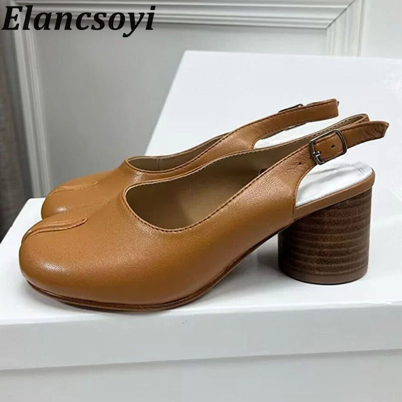 Spring Summer Round Toe Retro Split Toe Shoes Women's  Genuine Leather Round Heel Back Strap Pumps Daily Commuting Sandalias