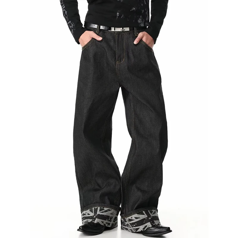 2026 Trendy American Structure Pleated Raw Cow Jeans for Men in Autumn with Folded Ankles and Printed Straight Loose Casual Trou