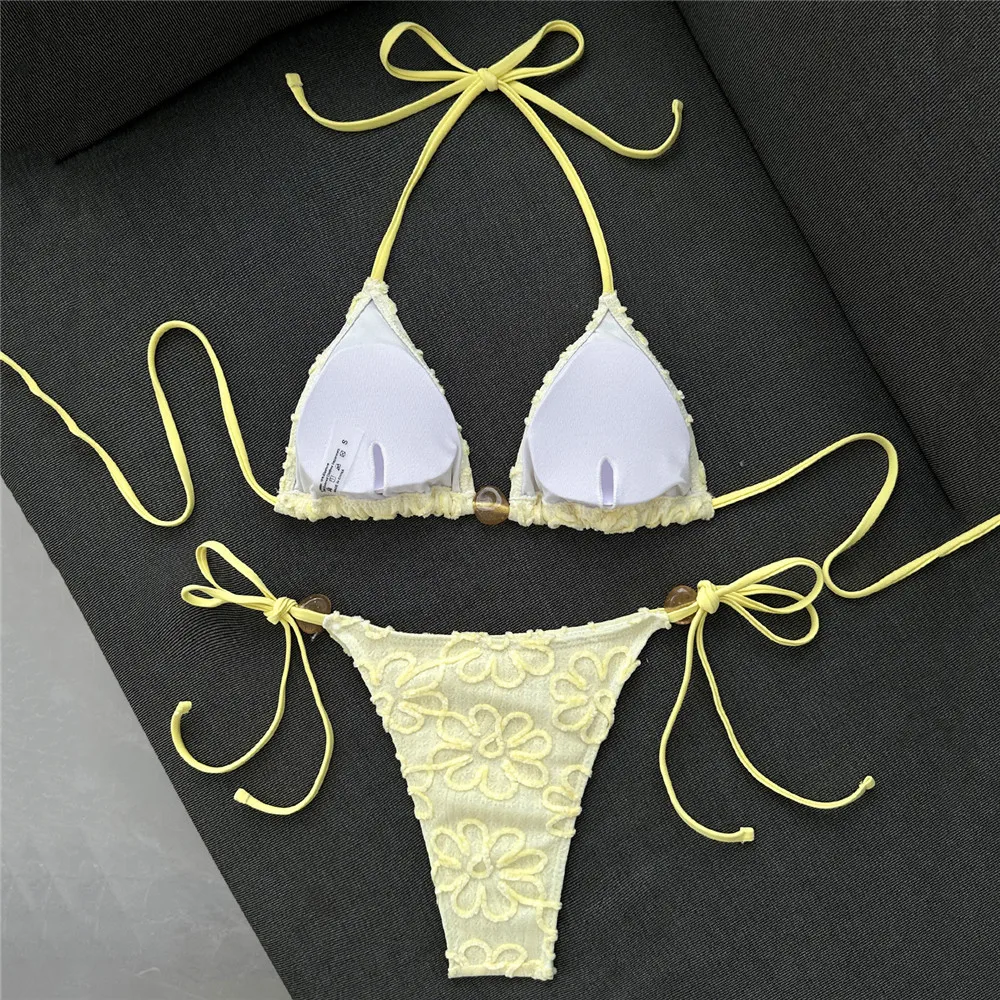 Yellow Emboss Solid Swimwears Sexy Bead String Halter Triangle Bikini Micro Thong Swimsuit Women 2026 Bathing Suit Bikinis Sets
