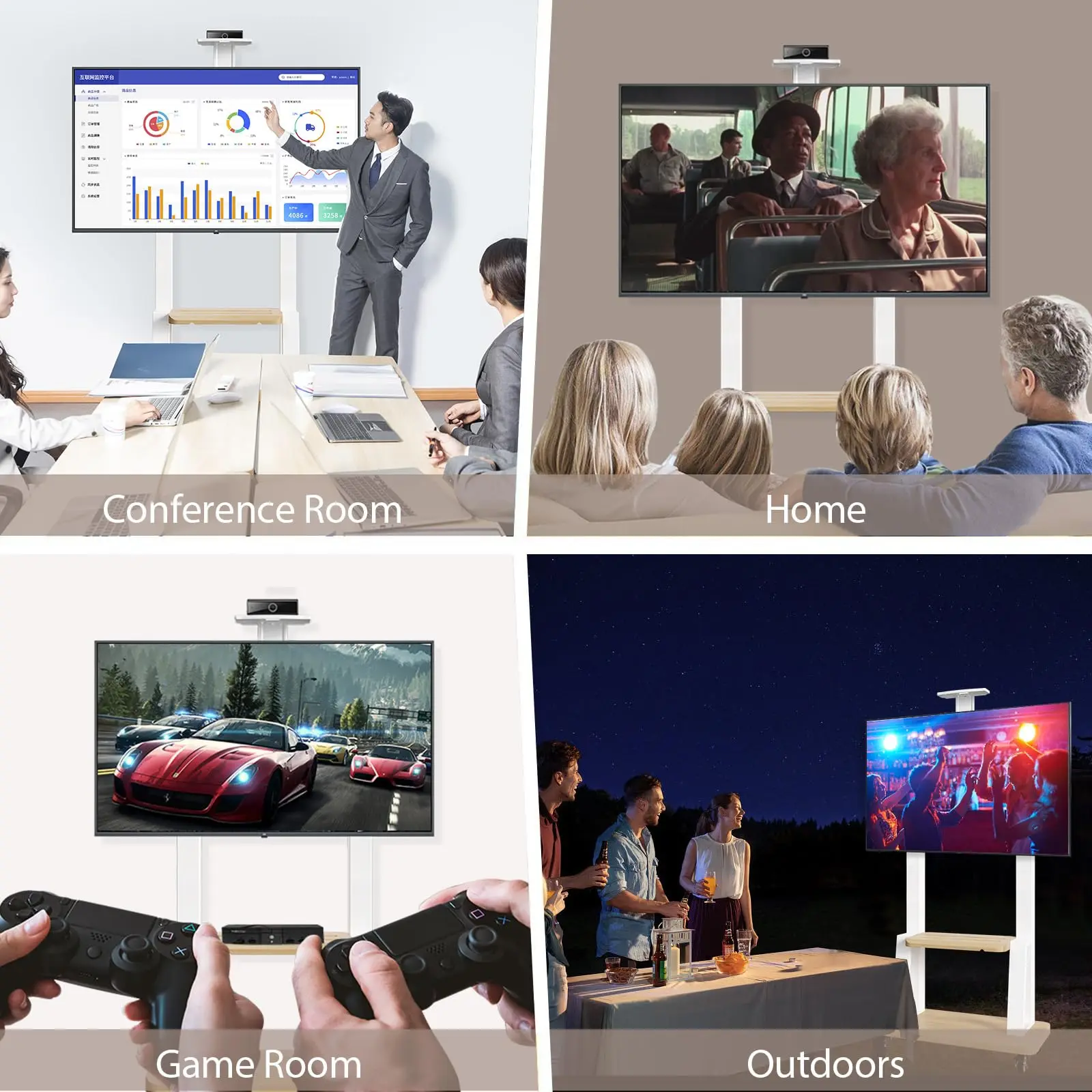 Carrinho de TV móvel para telas de 32 a 75 polegadas, suporte de TV móvel de piso rolante com roda de travamento de prateleira, altura ajustável e resistente