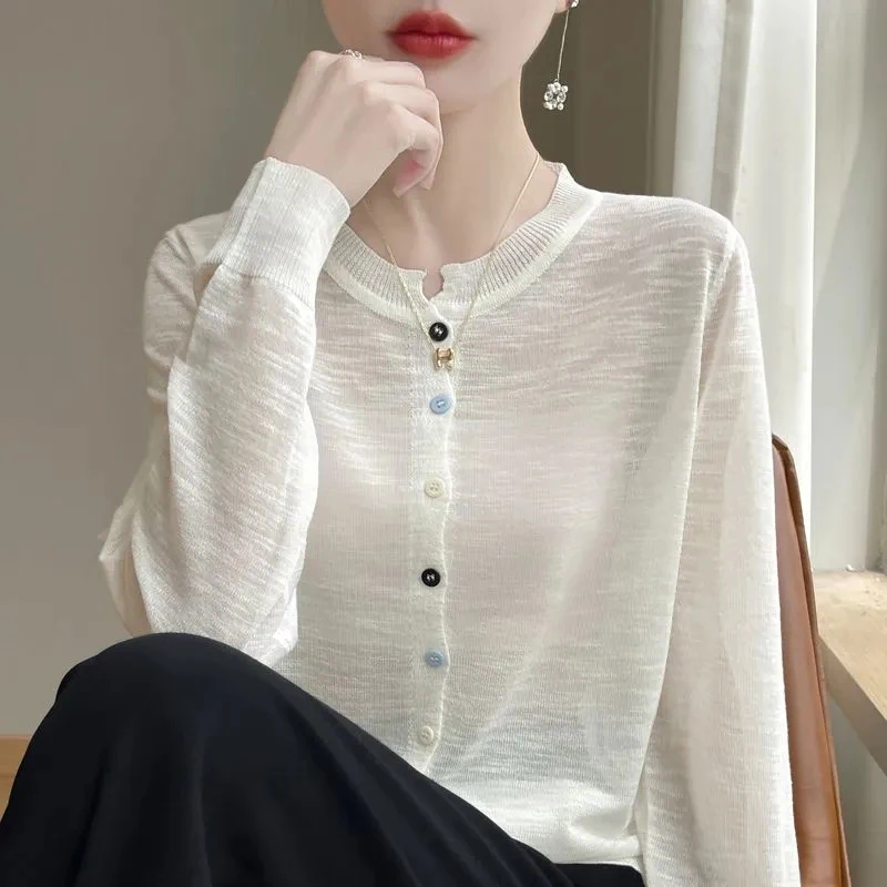 

Elegant Knit Cardigan Women O Neck Thin Long Sleeve Sheer Tops Sunproof Summer Simple Solid Office Lady Button Shirt