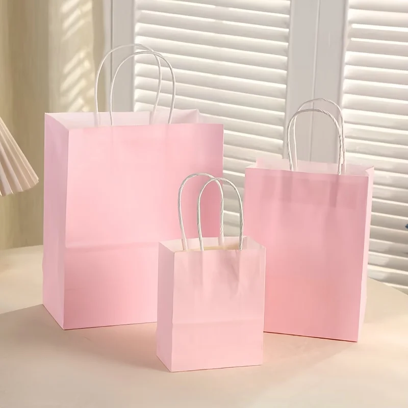 

Bulk 50 Pink Kraft Paper Gift Bags With Handles - Small Size For Party Favors, Takeout & Bakery Pieceaging