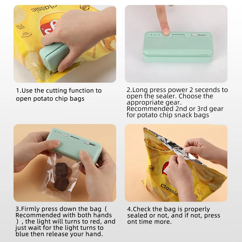 Мини-запайщик пакетов, USB-зарядное устройство, термосварщик пакетов для картофельных чипсов, запечатывает термосварку и резак для закусок, прочный зеленый цвет