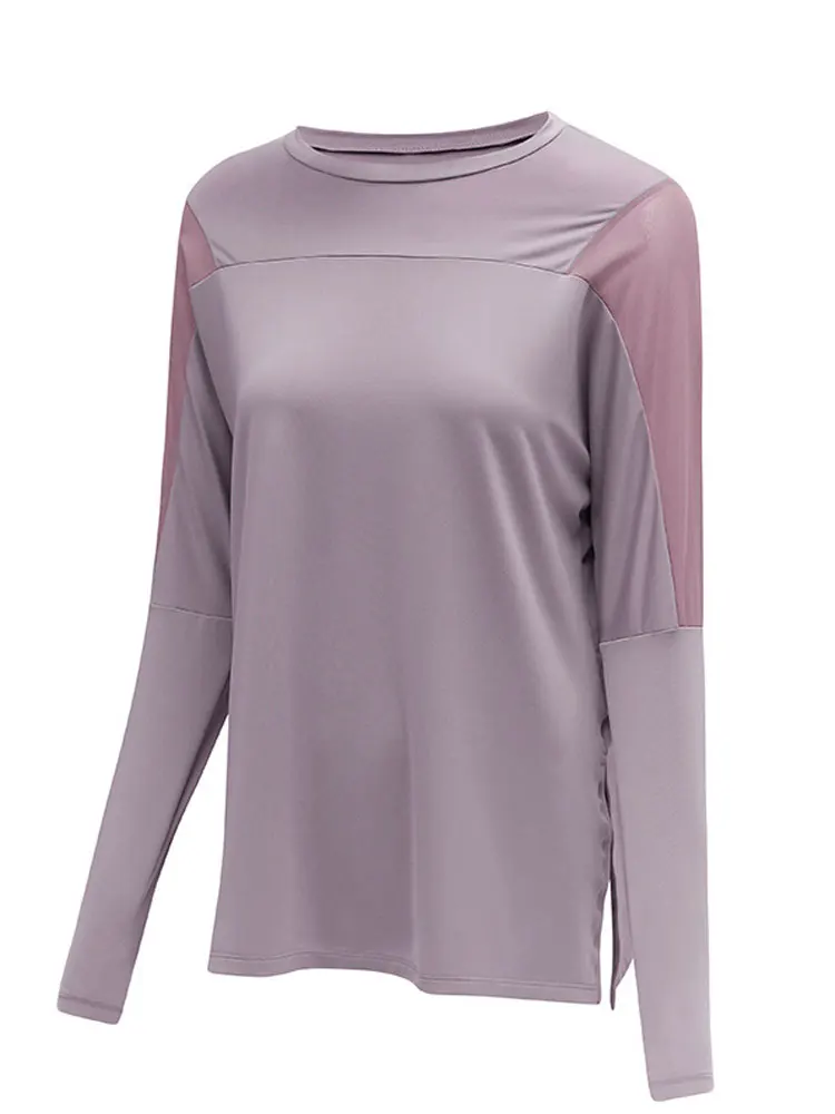 Splicing Yoga Loose Long Sleeve Top Side Slits Sports Shirts Women Quick Dry Fitness Blouses Gym Workout Pulovers Athletic Wear