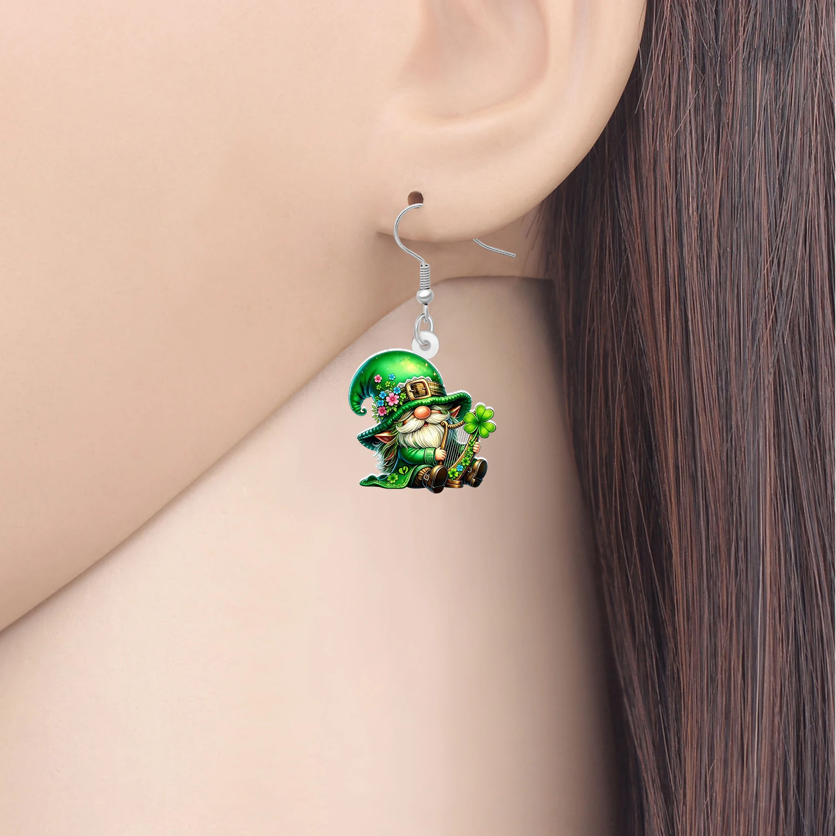 BONSNY Acrylic St Patricks Day Leprechaun Earrings Floral Green Clover Harp Gnomes Irish Jewelry Musical Gnome Gifts For Women