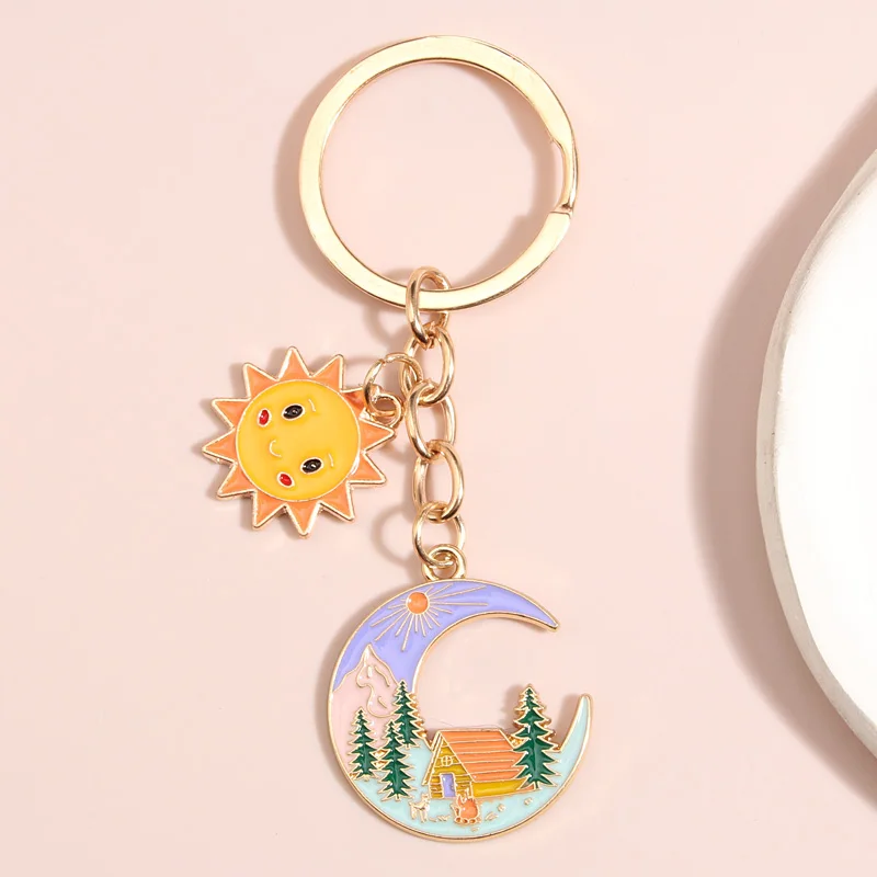 Cute Enamel Keychain Sun Forest House Mountain Key Ring Moon Key Chains For Women Men Handbag Accessorie DIY Jewelry Gifts