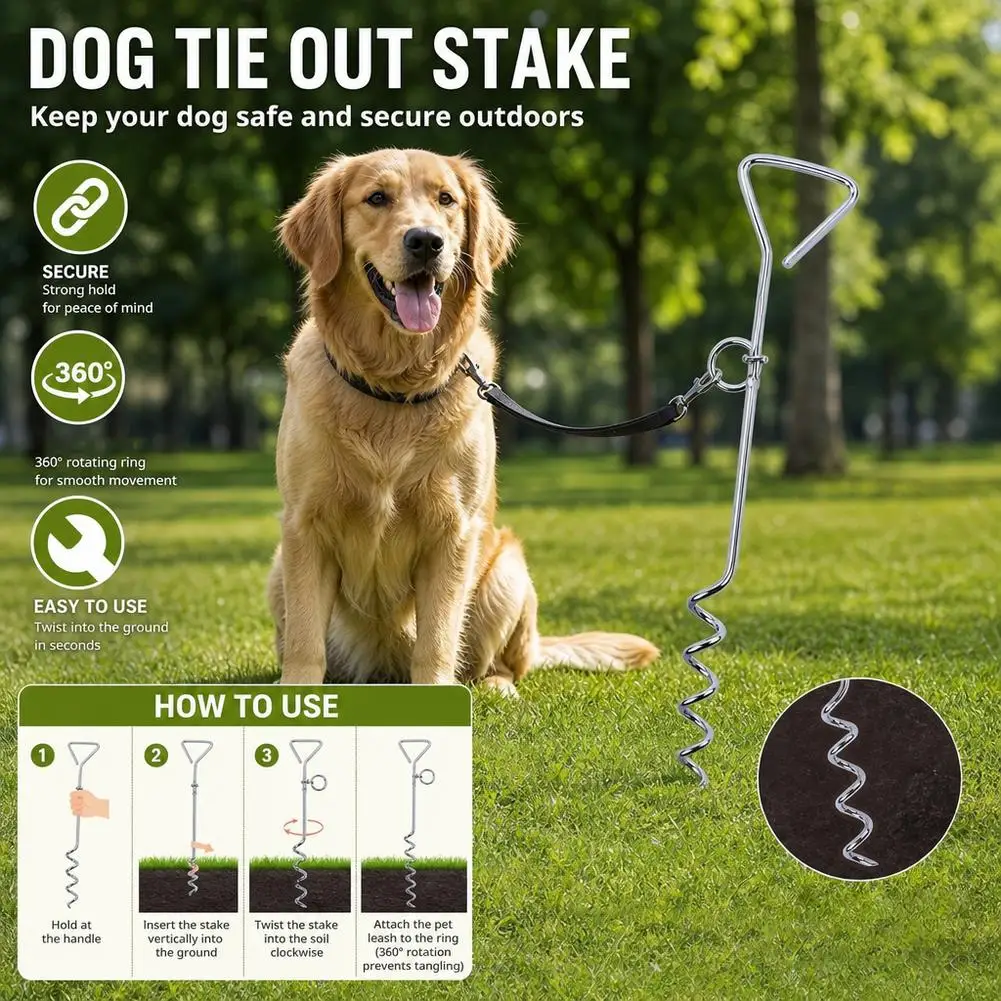 Dog Tie Out Stake 41cm Heavy Duty Spiral Ground Anchor Heavy Duty Chrome Plated Steel Pet Tether Stake with 360 Swivel Ring