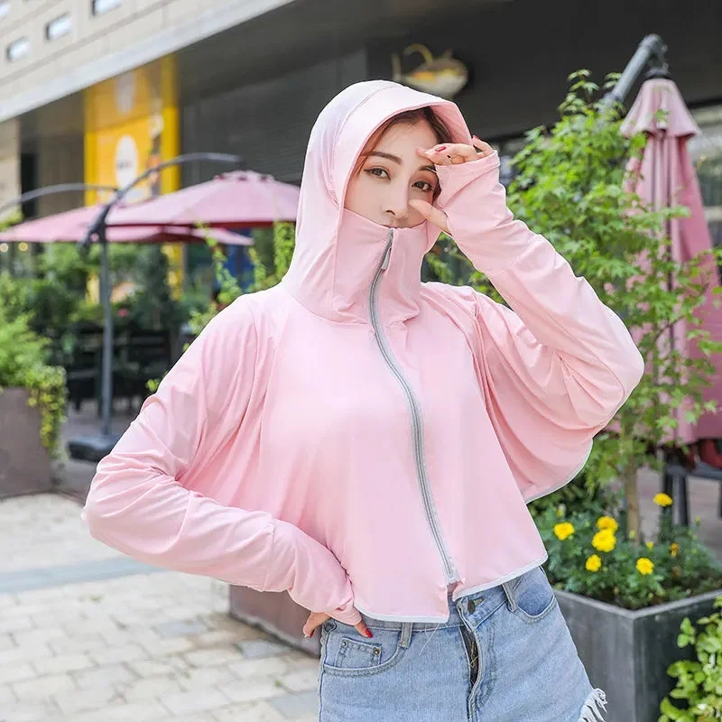 New Summer Ice Silk Sunscreen Clothing Women Big Brim Short Long-Sleeved Hooded Outdoor Driving UV Protection Sunscreen Clothing