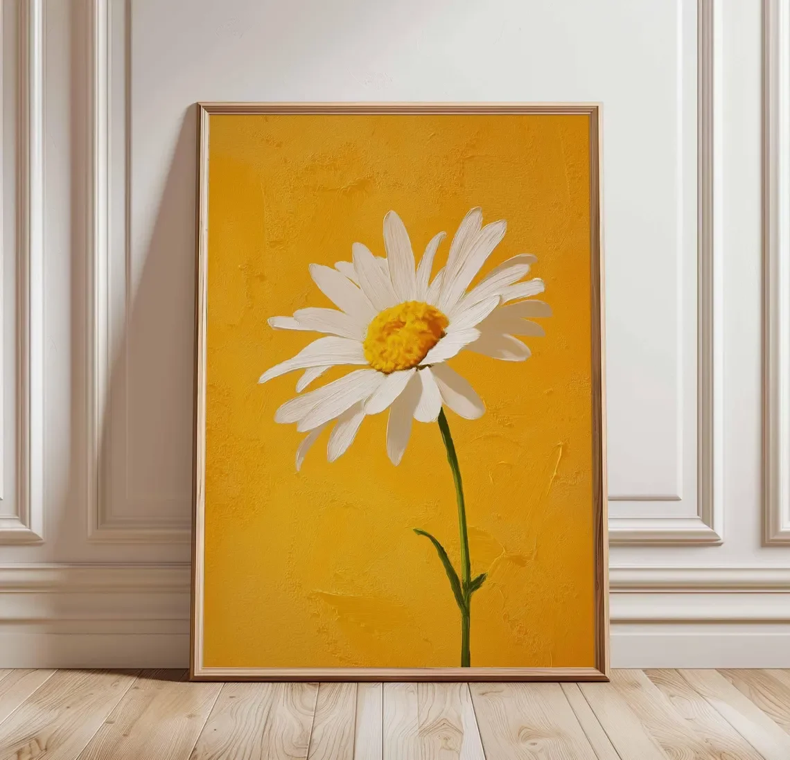 2D Flat ,Frameless,Daisy Flower Wall Art, Yellow Background Botanical Print, Minimalist Floral Poster, Bright Summer Decor, Sing