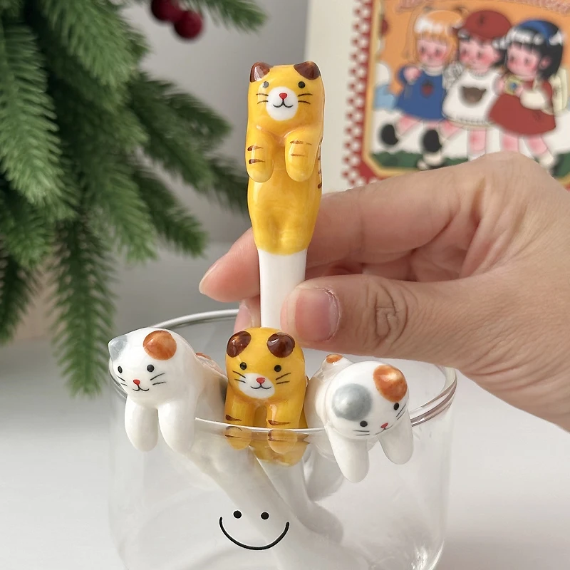 Cuchara de gato de dibujos animados de cerámica japonesa, cuchara colgante para postre, café, mezclar, helado, vajilla para el hogar