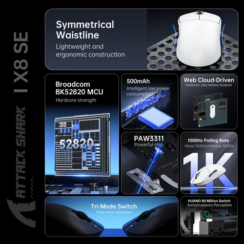 Imagen 2 del producto Ratón para juegos personalizado ATTACK SHARK X8 Ultra X8 SE, conexión inalámbrica/Bluetooth/con cable 2,4G, ratón inalámbrico