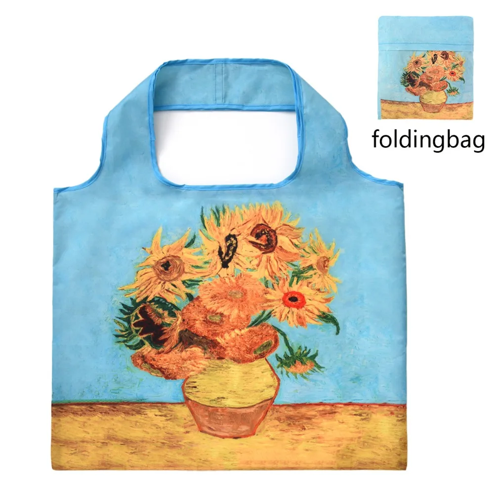 Van Gogh Hand Painted Oil Painting Shopping Bag Famous Painting Pattern Storage Bag Portable Foldable Travel Bag One Shoulder