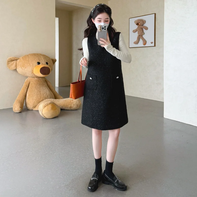 Maternity Suit Spring Autumn Elegant Temperament Sleeveless Dress With Pockets And Base Top Two Piece Set For Pregnant Women