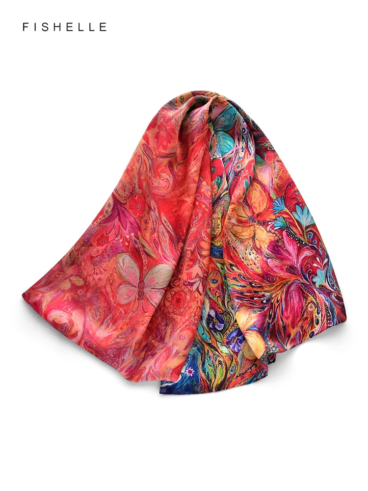 Red butterfly flowers 100% natural silk long scarf head scarves hijab women wrap neckerchief bandana shawl luxury gift